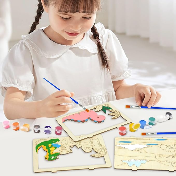 Vileafy Crafts for Kids Ages 4-8, 6-Pack Painting 3D Scene Wood Puzzles | Creative Summer Crafts, Individual Paint & Brushes, Dinosaur, Under the Sea, Animals Craft for Boys and Girls Gifts