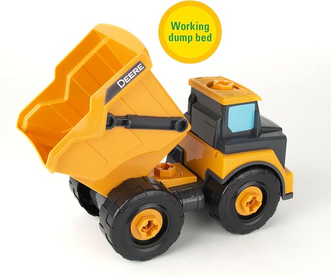 Build-A-Buddy John Deere Dump Truck Toy - Buildable Dump Truck Take Apart Toys with Toy Drill - AA Batteries Included - STEM Building Toys - Yellow - Construction Toys for Kids Ages 18 Months and Up
