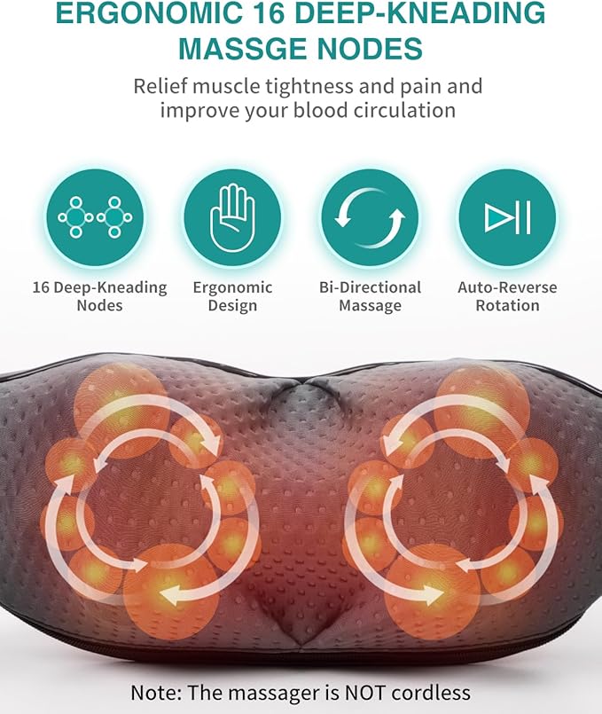 Nekteck Neck Back Massager with Heat, Cordless Shiatsu Shoulder Massager for Pain Relief Deep Tissue, Electric 3D Kneading Massage Pillow for Body Muscle, Gifts for Men Women Dad Mom