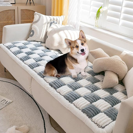 FunnyFuzzy Cream-Coloured Plaid Square Pet Mat Bed Couch Cover, Winter Thickened Dog Bed Cover Pet Blanket Sofa Couch Furniture Protector for Kids Dog Cat(Size:19.6 * 19.6 in,Color:Grey)