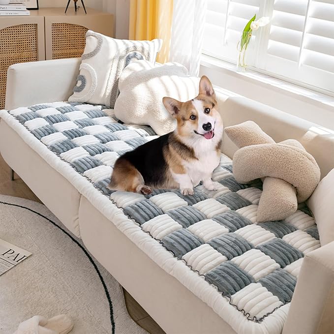FunnyFuzzy Cream-Coloured Plaid Square Pet Mat Bed Couch Cover, Winter Thickened Dog Bed Cover Pet Blanket Sofa Couch Furniture Protector for Kids Dog Cat(Size:27.6 * 70.9 in,Color:Grey)