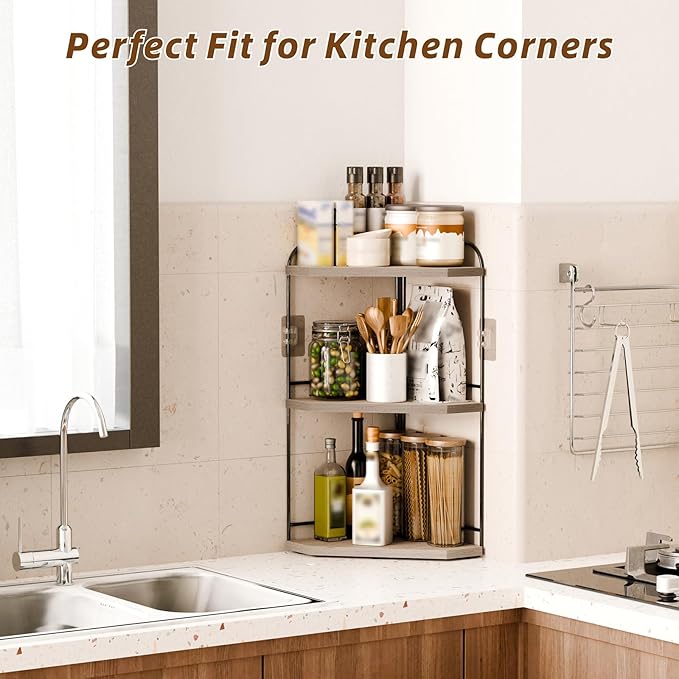 Corner Bathroom Counter Organizer, 3-Tier Wood Countertop Organizer for Perfume, Makeup Storage, Skincare Organizers for Vanity, Counter Corner Shelf for Kitchen, Bathroom, Dresser (Grey)