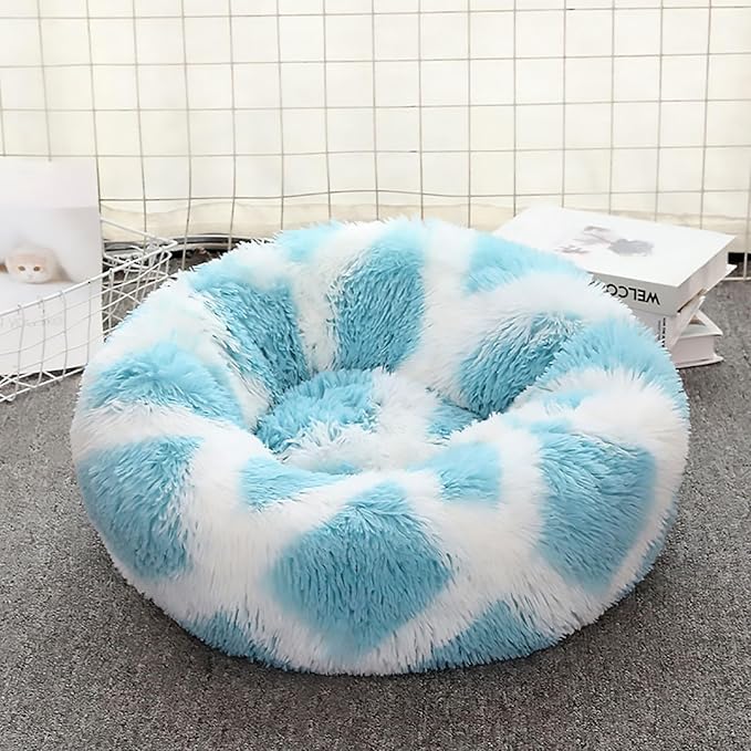 Calming Dog Bed for Small Dogs, Calming Donut Cuddler Pet Bed Anti Anxiety Round Dog Bed Fluffy Plush Faux Fur Cat Bed,Blue+White,19.7IN