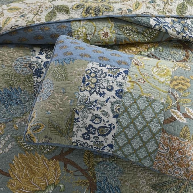 ENASAL Cotton Bedspread Quilt Sets Reversible Bedding Coverlet Sets Comforter, Patchwork Vintage Floral Paisley Farmhouse Pastoral Turquoise Bedspread, Queen Size
