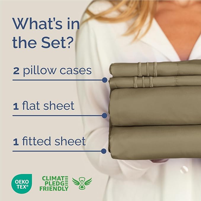 Full Size 4 Piece Sheet Set - Comfy Breathable & Cooling Bed Sheets Set - Hotel Luxury Bedding for Women, Men, Kids, Teens, Boys & Girls - Deep Pockets, Ultra-Soft and Wrinkle Free - Oeko-Tex - Khaki
