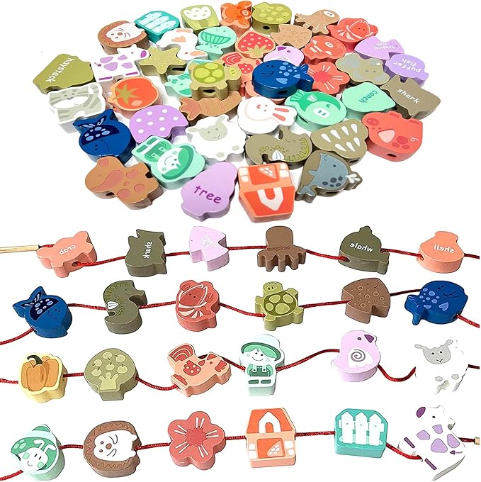 Educational Wooden Threading Beads Toys for Toddlers,47 PCS Stringing Animals Ocean Farm Preschool Lacing Beads,Montessori Toys for Kids 3 4 5 6 Year Old Boys Girls…