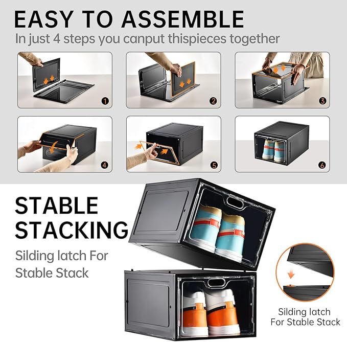 12 Pack Large Shoe Storage Box, Clear Shoe Storage Organizer with Magnetic Door, Stackable,Shoe Containers For Display Sneakers, Easy Assembly, Fit up to US Size 12, Black