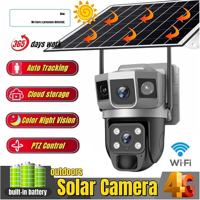 for Outdoor Camera Battery CCTV Monitor 4G SIM Card Network IP Security Pet Camera Motion Detection 3 Screen PTZ Camera(4G CCTV 32G Card)