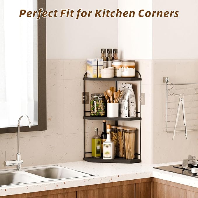 Corner Bathroom Counter Organizer, 3-Tier Wood Countertop Organizer for Perfume, Makeup Storage, Skincare Organizers for Vanity, Counter Corner Shelf for Kitchen, Bathroom, Dresser (Black)