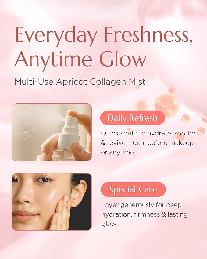 Apricot Collagen Gel Serum Mist - Korean Face Moisturizer French Patented with 8-Layer Hyaluronic Acid, Bakuchiol, Adenosine for Hydration Glow Firming Anti-Aging Spray, 3.38 fl.oz.