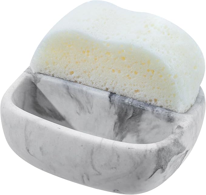MyGift Modern White Resin Sponge Holder for Kitchen Sink, Countertop Dish Sponge Holder with 2 Compartments and Marble Pattern