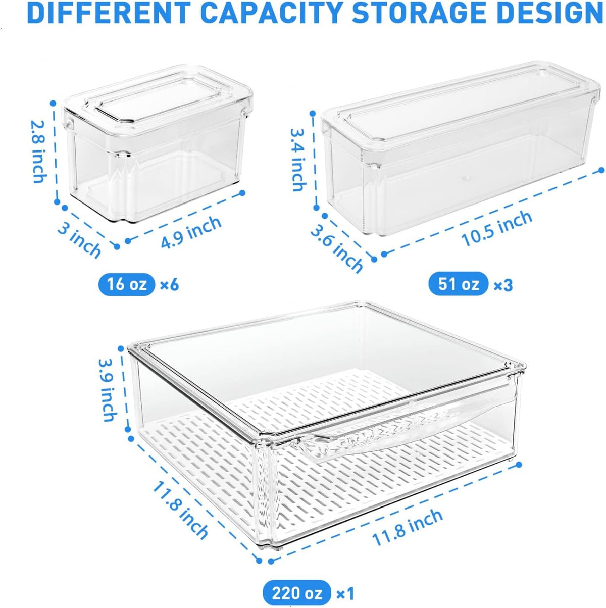Pomeat 10 Pack Fridge Organizer, Stackable Refrigerator Bins with Lids, BPA-Free Produce Fruit Storage Containers for Fridge, Clear for Food, Drinks, Vegetable