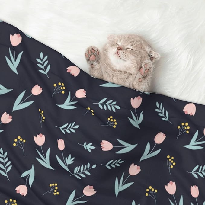 Reversible Plush Throw for Dogs and Cats, Shabby Chic Floral Tulips Flower Pink, Double Sided Blanket with Nubby Dot Side and Sleek Side Ideal for Cuddling Nesting Security