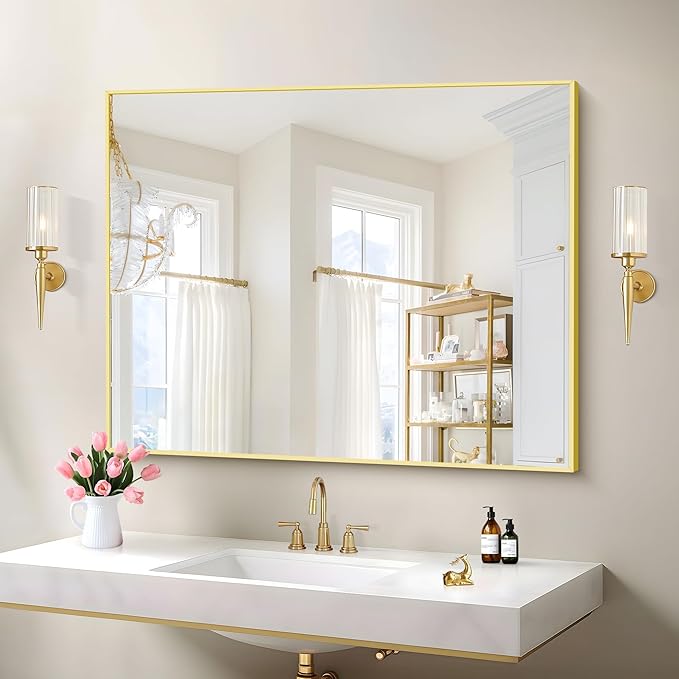 Gold Bathroom Mirror for Wall, 30x36 Inch Rectangle with Metal Frame, Modern Vanity for Bathroom Living Room, Entryway Hangs Horizontal or Vertical