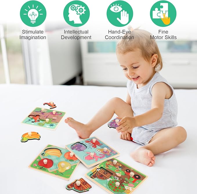 Wooden Peg Puzzles for Toddlers 1-3, Kids' Educational Preschool Peg Puzzle Toy, Set of 4 Toddler Puzzles - Farm, Dinosaur, Fruit and Marine Animals, Ideal Gift for Ages 1 2 3 Boys and Girls