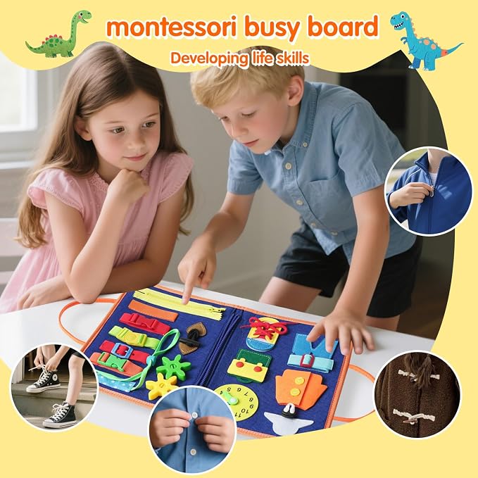 Toddler Montessori Busy Board - Dinosaur Learning Activity Toy, Boys Gift, Sensory Learning Toy for Toddlers, Educational Busy Book for Toddlers, Travel Toy (Blue)