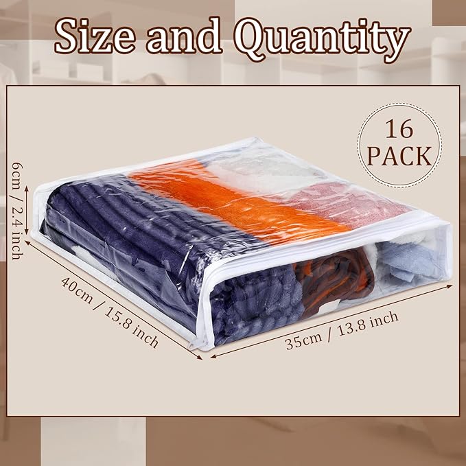 Kingdder 16 Pcs Clear Zippered Storage Bags Plastic Sweater Bags with Zipper 16 x 14 x 2.5 Inch Vinyl Sheet Organizer and Storage for Clothing Blankets Sheet Linen Bed Pillow Cube Organizer
