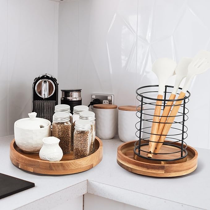 [ 2 Pack ] 9 Inch Acacia Wood Lazy Susan Organizer for Cabinet, Lazy Susan Turntable for Countertop Table Pantry, Kitchen Turntable Storege Container