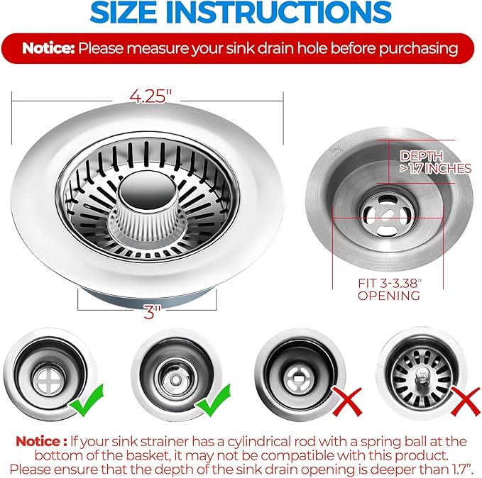 zaa Kitchen Sink Drain Strainer - Kitchen Sink Stopper, 304 Stainless Steel Sink Drain Stopper, Sink Protector for Kitchen with Anti-Clog Filter, Fit US Standard 3-1/2'' Sink Drain Hole, Silver