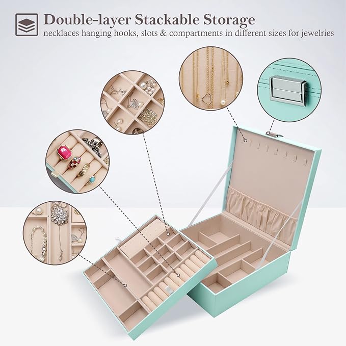 ProCase Jewelry Box for Women, 2 Layers Large Leather Jewelry Organizer Storage Case with Removable Pad for Earrings -Mint
