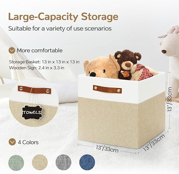 13x13 Storage Cubes 6-Pack, Large Foldable Fabric Cube Storage Bin with Reinforced Bottom and Labels, Organizer Baskets for Shelves, Closets(White/Khaki)