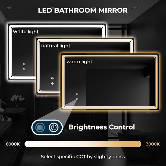 WallBeyond LED Bathroom Mirror with Lights, 28'' x 55'' Inch Led Bathroom Vanity Mirror for Wall with Front and Backlit, Anti Fog Mirror for Bathroom, 3 Colors and Dimmable Light, Horizontal/Vertical