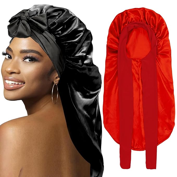 2Pcs Bonnets for Black Women Braid Bonnet, Large Long Satin Bonnet for Braids, Silk Bonnet with Stretchy Tie Band Sleep Cap Hair (2Pcs-Black&Red)