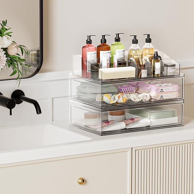 Clear Stackable Makeup Organizer with Drawer, 12''W Acrylic Storage Drawers, Cosmetic Display Case for Vanity Bathroom Countertop, Beauty Holder for Lipstick Brush Skincare Perfume