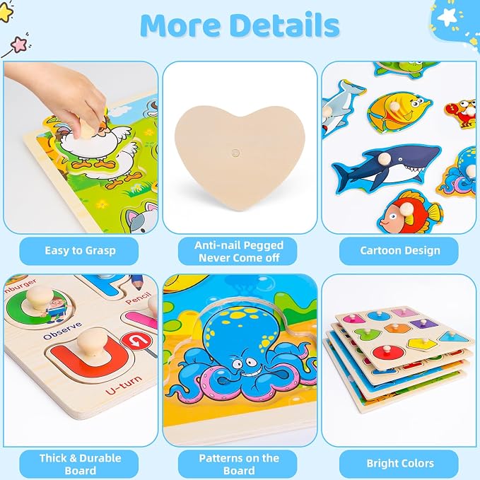 Wooden Peg Puzzles for Toddlers 3 4 Year Old, 4 Pack Montessori Toys Preschool Learning Puzzles for Toddlers with Animals, Shapes, Alphabet, Wooden Toddler Toys Gifts for Kids Boys Girls