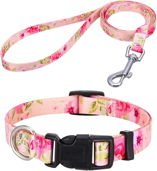 Dog Collar and Leash Set with Bohemia Floral Tribal Geometric Patterns - Soft Ethnic Style Collar Adjustable for Small Medium Large Dogs(Pink Rose Set,M)