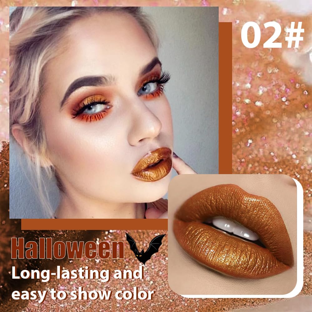 Golden Brown Metallic Lipstick for Women,Glitter Sparkling Liquid Lipstick,Long Lasting Waterproof Lightweight Comfortable Non-Drying Bold Dark Lip Gloss for Gothic Stage Makeup,Vegan