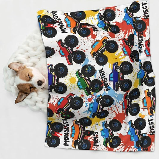 Reversible Plush Dot Pet Blanket for Dogs and Cats, Grunge Monster Truck Car Art, Ultra Soft Two Sided Design with Warm Fuzzy Side and Smooth Side for Comfort