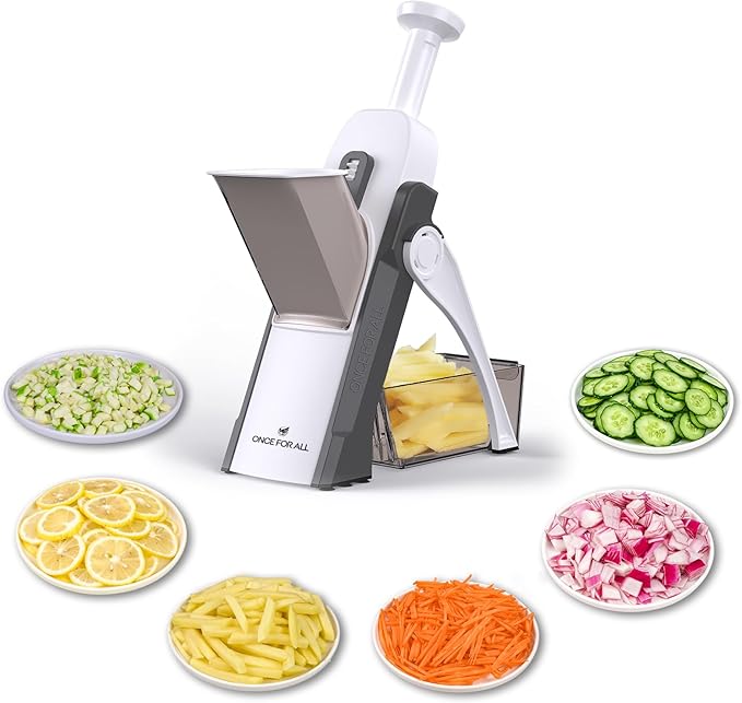 ONCE FOR ALL Safe Mandoline Slicer 5 in 1 Vegetable Chopper Food Potato Cutter, Strips Julienne Dicer Adjustable Thickness 0.1-8 mm Kitchen Chopping Artifact Fast Meal Prep (Gray)
