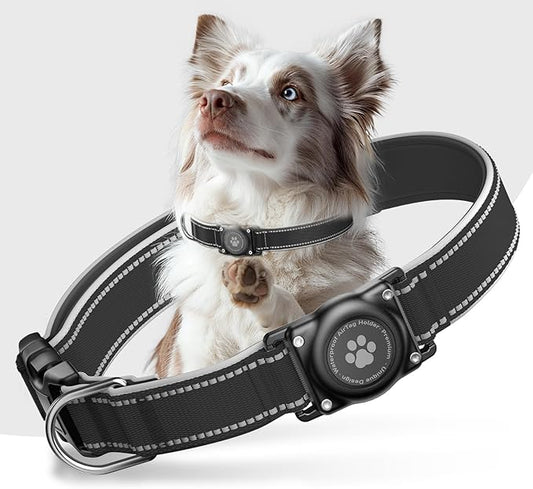 Airtag Dog Collar - 100% Waterproof Air tag Dog Collar Holder for Apple AirTag, Reflective, Soft Padded, Everlasting, GPS Dog Collar for Small Medium Large Dogs (Black, M)