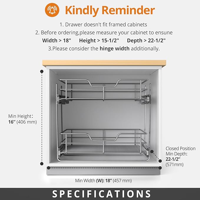 ZOINLIY Pull Out Cabinet Organizer, Versatile Slide Out Kitchen Organizers and Storage,Heavy Duty Drawer Cupboard Storage Basket, Smooth Sliding, Chrome Finish (2-Tiers-17¾''W×22“D)