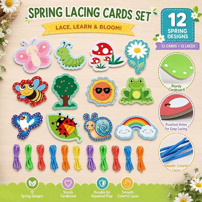 Lacing Cards for Toddlers Fine Motor Skills Montessori Travel Activities | Summer Theme Double-Sided Sewing Cards with Colorful Laces Classroom Supplies Quiet Time Educational Games for Kids ﻿