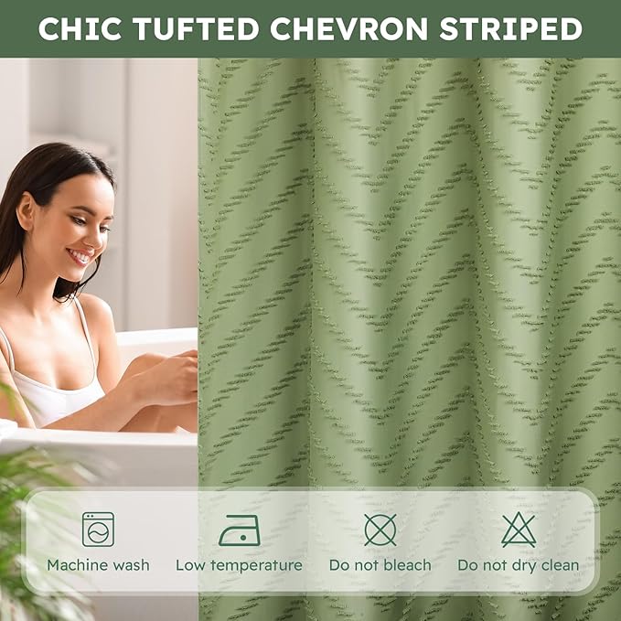 No Hook Shower Curtain and Snap in Liner Set Sage Green Tufted Chevron Striped Cloth Waterproof Washable Fabric Boho Bath Curtain with See Through Mesh Top Window for Bathroom Hotel 71" x 74"