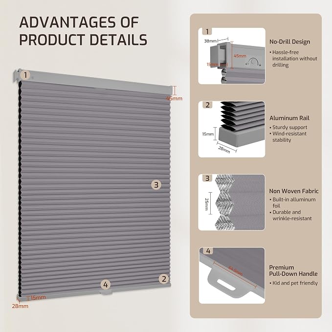 Grandekor No Drill No Tools Cordless Cellular Shades, UV Protection Privacy No