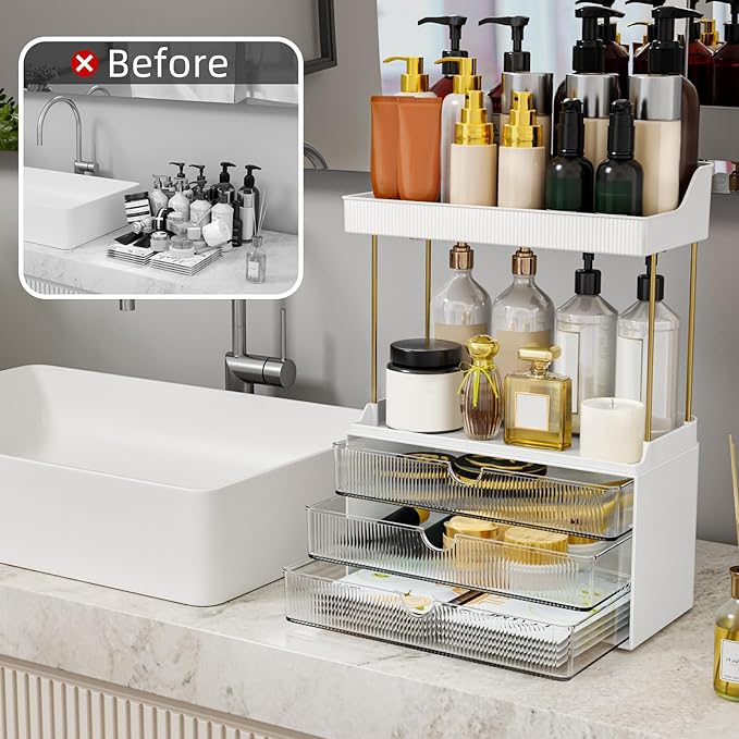 3 Drawers Bathroom Counter Organizer - 5 Tier Makeup Organizer, Versatile Perfume Organizer, Ideal for Bathroom Storage, Vanity, Large Skincare, Perfume, Present, Clear