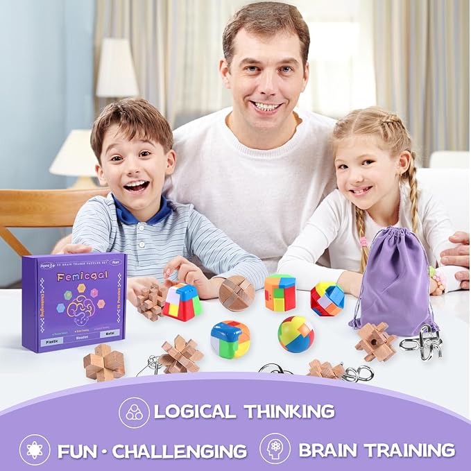 Brain Teaser Puzzles for Adults and Kids, 18Pcs Puzzle Games Set, 3D Wooden Plastic Metal Puzzle, Unlock Interlock Mind Brain Games, IQ Test Educational Toy