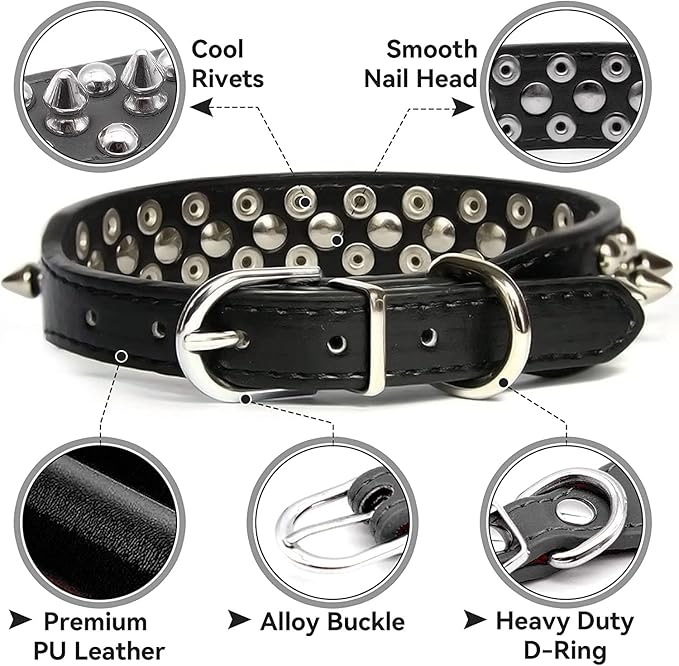 Spiked Dog Collar Soft Pu Leather Mushrooms Rivet Spike Studded Puppy Adjustable Pet Collars for Small Breeds (L, Black Set)
