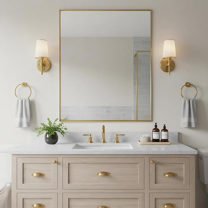 24x30 Inch Brass Bathroom Mirror for Wall, Aluminum Frame Rectangle Rectangular Vanity Mirror, Modern Large for Bedroom, Living Room, Horizontal or Vertical