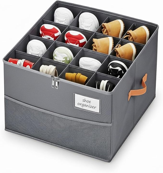 Shoe Organizer for Closet, Foldable Shoe Storage Organizer Containers with Clear Cover, Space Saving Shoes Holder with Handles, Gray (1, Large)