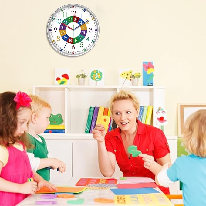 XFM Kids Wall Clock for Children's Bedroom 10 Inch Round Multi-Colored Learning