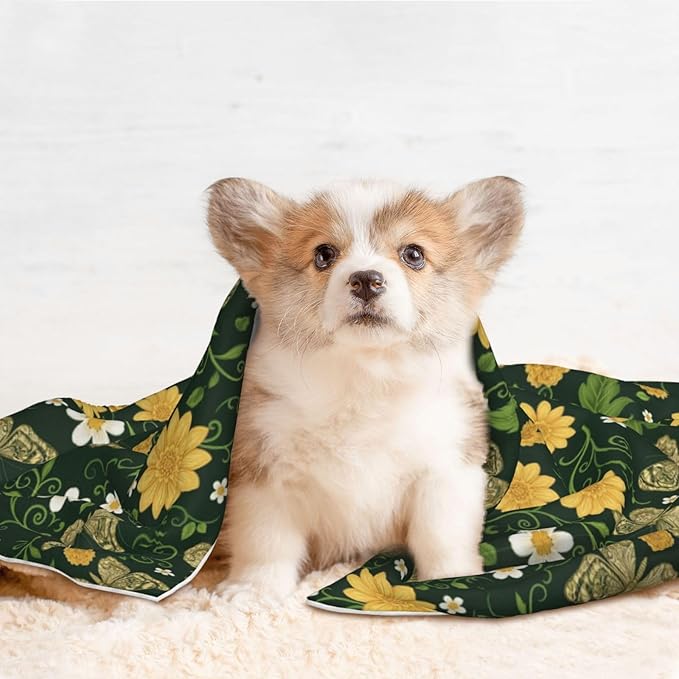Two Sided Pet Cuddler Blanket for Anxiety Calming, Gold Flowers with Butterfly, Reversible Plush Design with Bubble Dot Pattern Provides Familiar Surface Anywhere