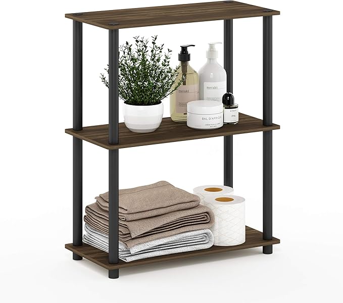 Furinno TURN-N-TUBE Storage Shelves, 3-Tier Book Shelf, Corner Shelf, Toolless Open Shelves, for Organization and Storage, Living Room, Garage, Home Office, Columbia Walnut