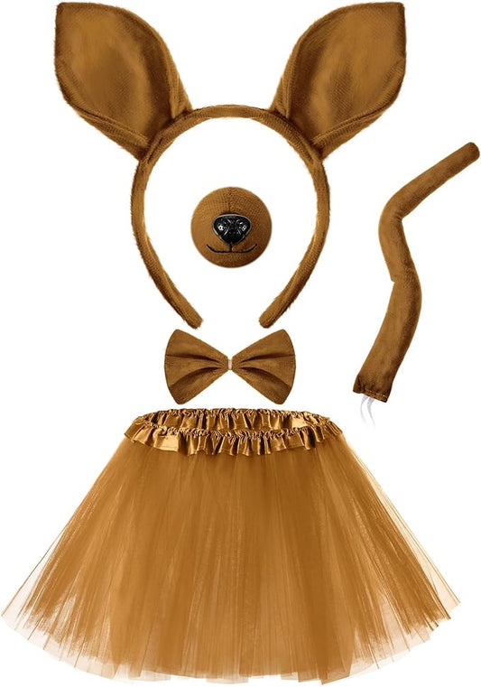 Zhanmai Mardi Gras Costume Kangaroo Costume Set Party Accessories Cosplay Outfit Kit Animal Tutu Skirt Ears Headband Bowtie Tail Nose (Dark Brown)