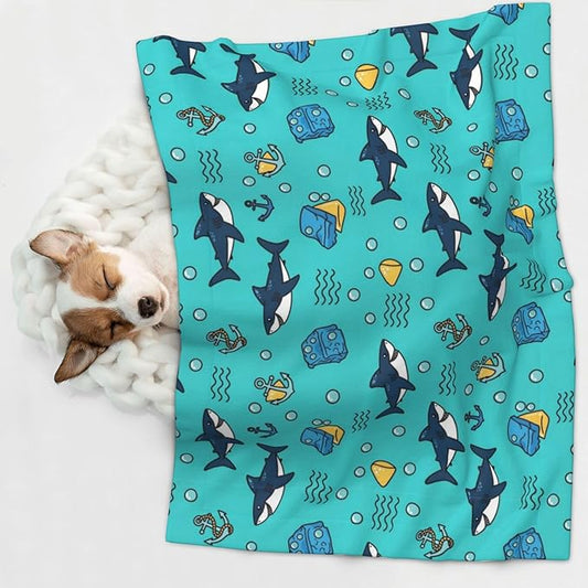 Reversible Plush Pet Blanket for Puppies Kittens, Cute Shark and Anchor, Double Sided Gentle Dot Texture for New Pets Adjusting to Home Environment Softly