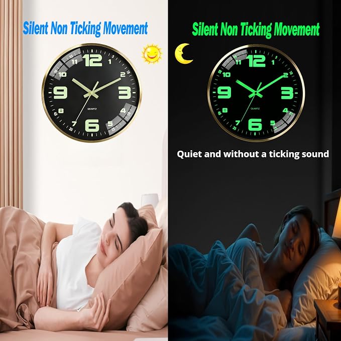 12-inch wall clock, powered by AA batteries, silent operation, large font