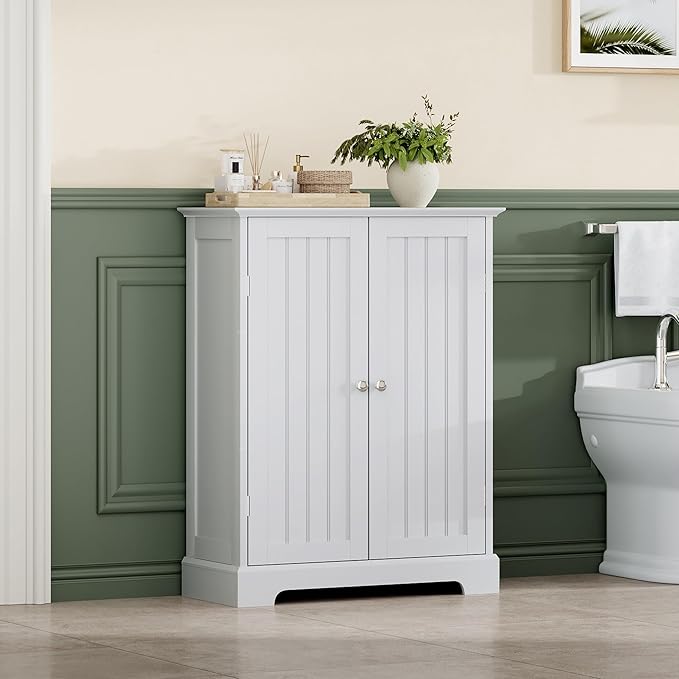 ChooChoo Bathroom Floor Cabinet, Modern Bathroom Storage Cabinet with 2 Doors and Adjustable Shelves, Freestanding Cupboard for Living Room, White